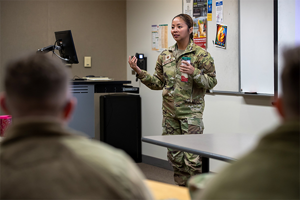 Joanne Whitlock, assistant professor of aerospace studies, teaches a ROTC Leading People/Effective Communication II class on Friday, March 1.